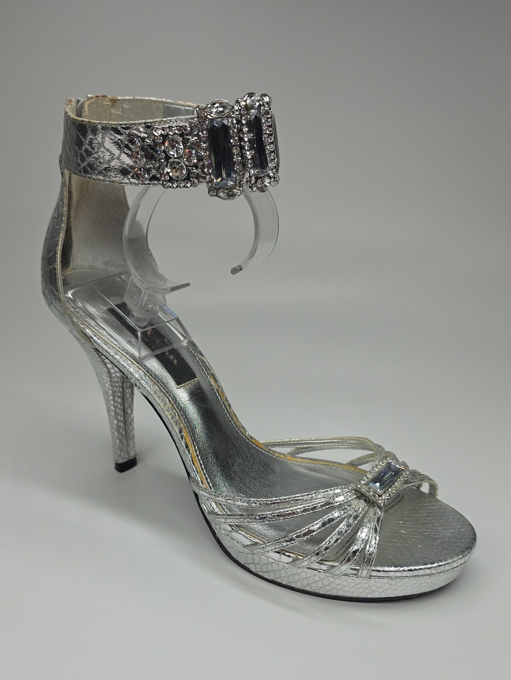 Nina Silver Metallic Snake Embossed Rhinestone Platform Heels 8.5M